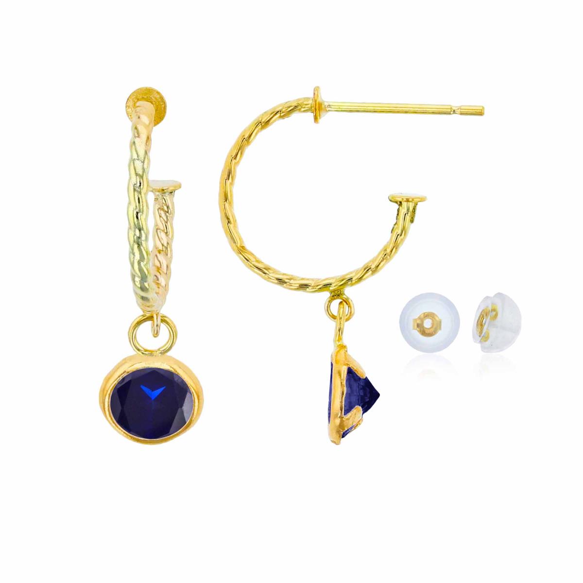10K Yellow Gold 12mm Rope Half-Hoop with 5mm Rd Created Blue Sapphire Bezel Drop Earring with Silicone Back