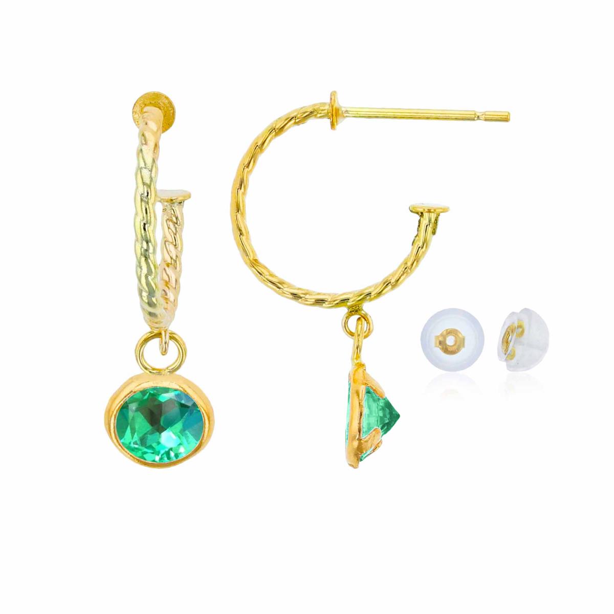 10K Yellow Gold 12mm Rope Half-Hoop with 5mm Rd Created Green Sapphire Bezel Drop Earring with Silicone Back