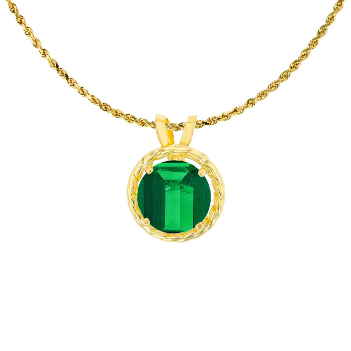 14K Yellow Gold 6mm Rd Created Emerald Rope Frame Rabbit Ear 18" Rope Chain Necklace