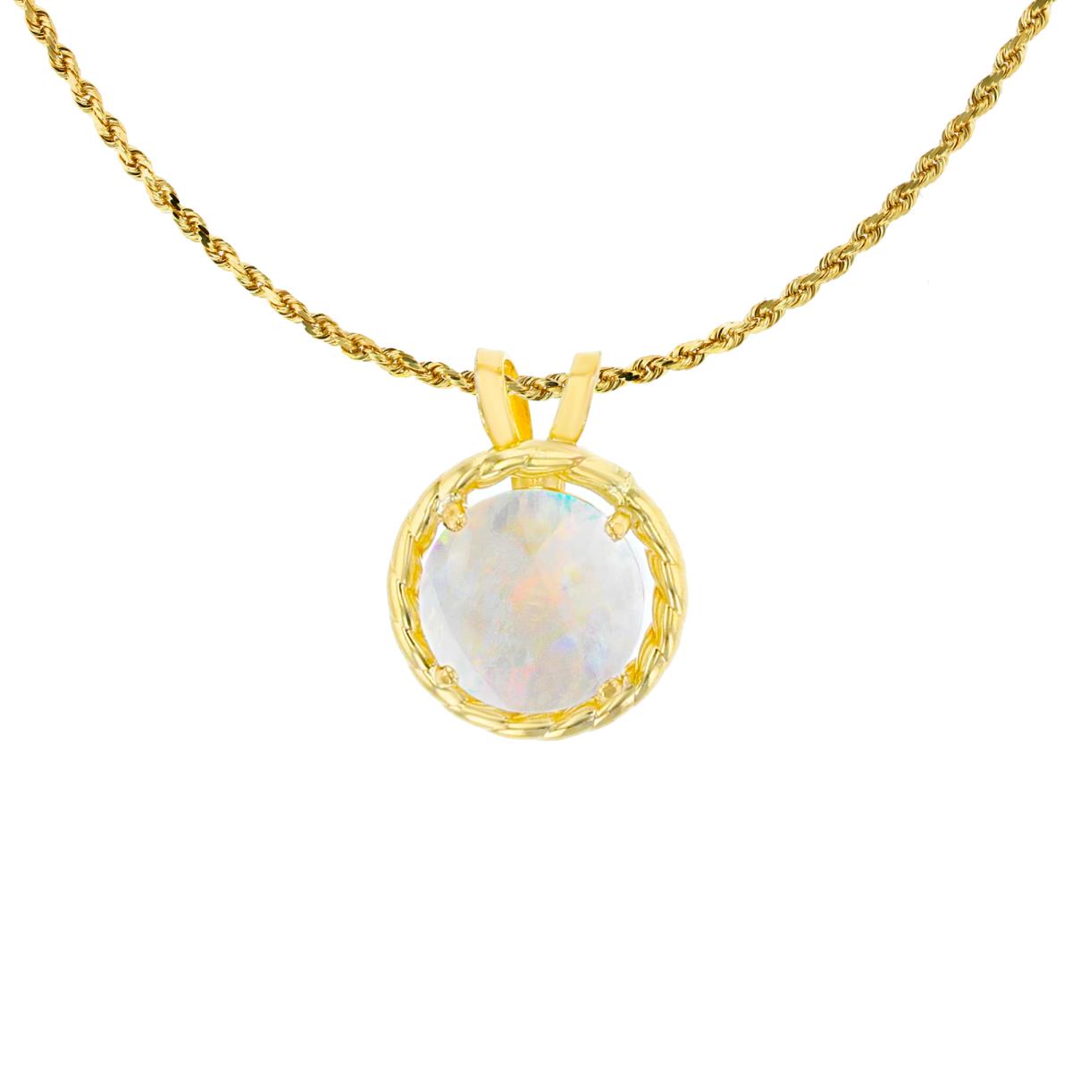 14K Yellow Gold 6mm Rd Created Opal Rope Frame Rabbit Ear 18" Rope Chain Necklace