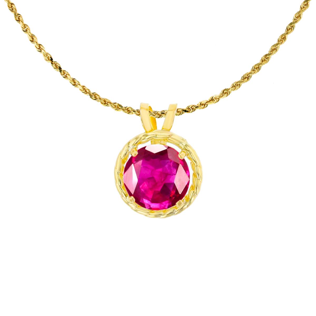 14K Yellow Gold 6mm Rd Created Glass Filled Ruby Rope Frame Rabbit Ear 18" Rope Chain Necklace