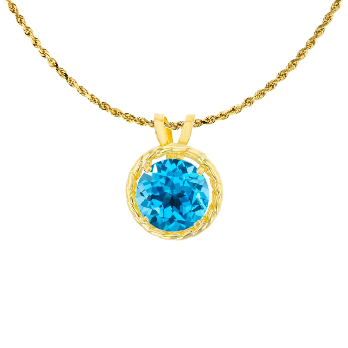 10K Yellow Gold 6mm Rd Swiss Blue Topaz Rope Frame Rabbit Ear 18" Rope Chain Necklace