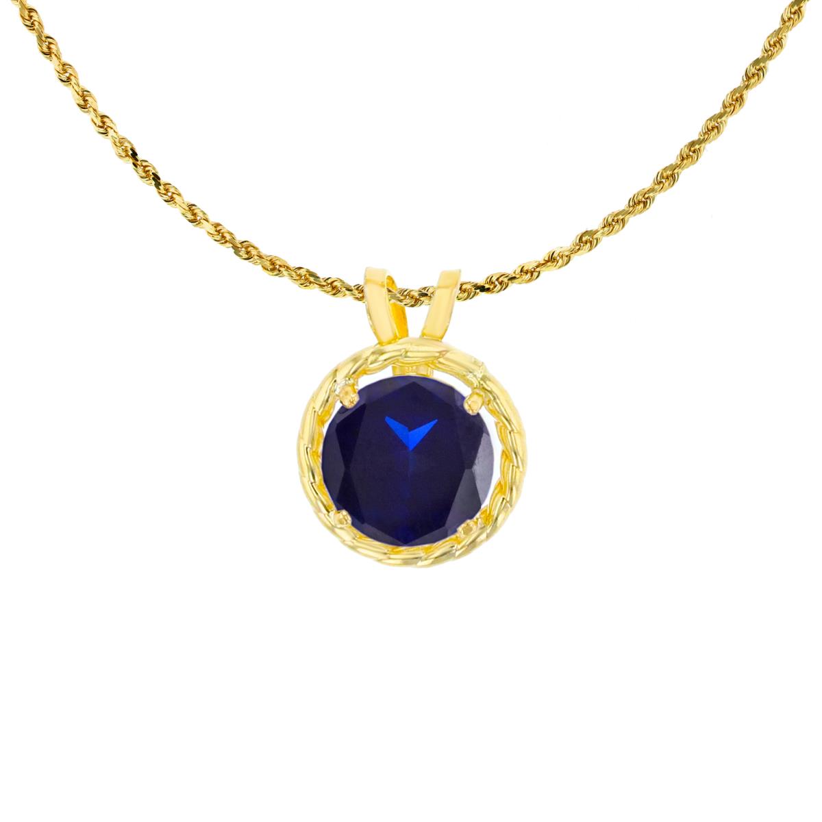 10K Yellow Gold 6mm Rd Created Blue Sapphire Rope Frame Rabbit Ear 18" Rope Chain Necklace