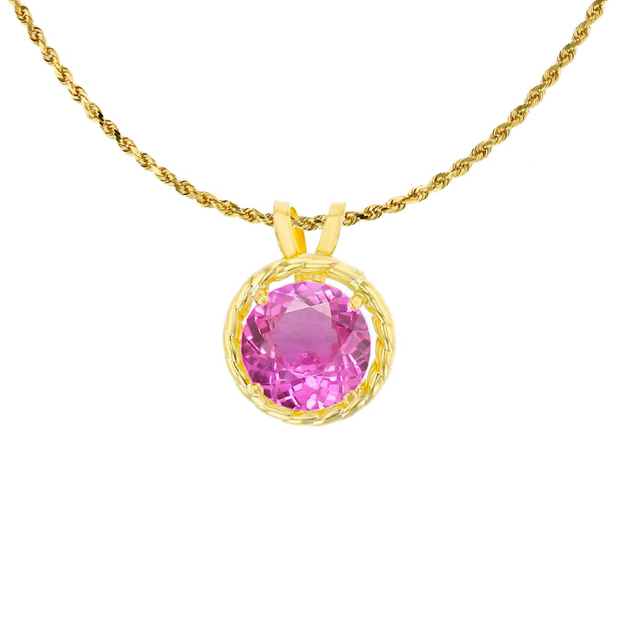 10K Yellow Gold 6mm Rd Created Pink Sapphire Rope Frame Rabbit Ear 18" Rope Chain Necklace