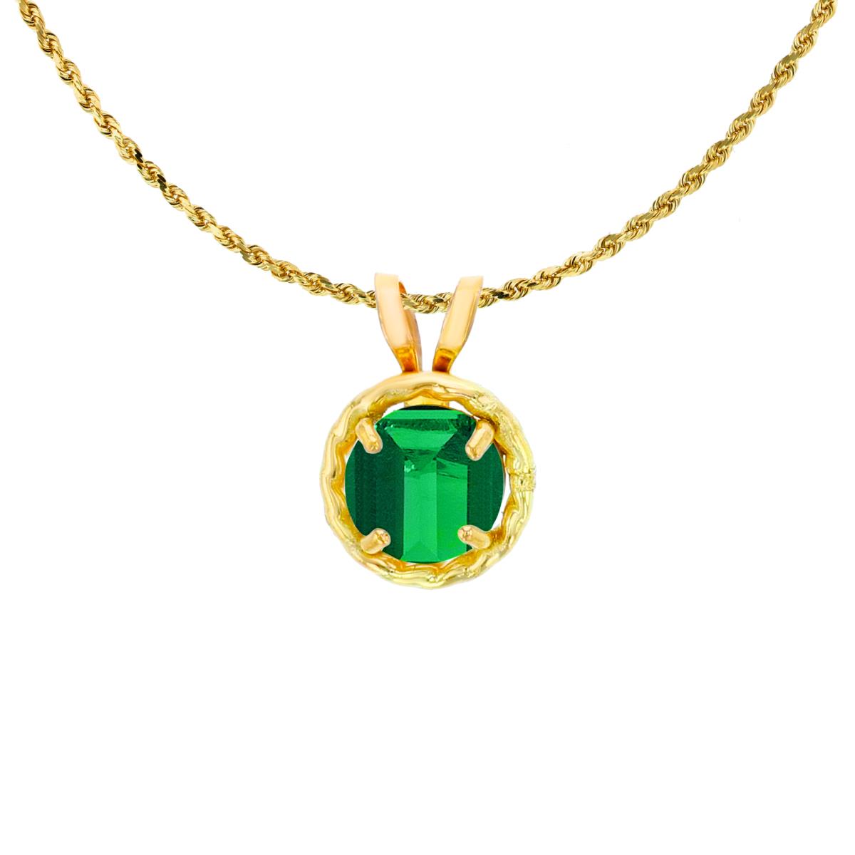 14K Yellow Gold 5mm Rd Created Emerald Rope Frame Rabbit Ear 18" Rope Chain Necklace