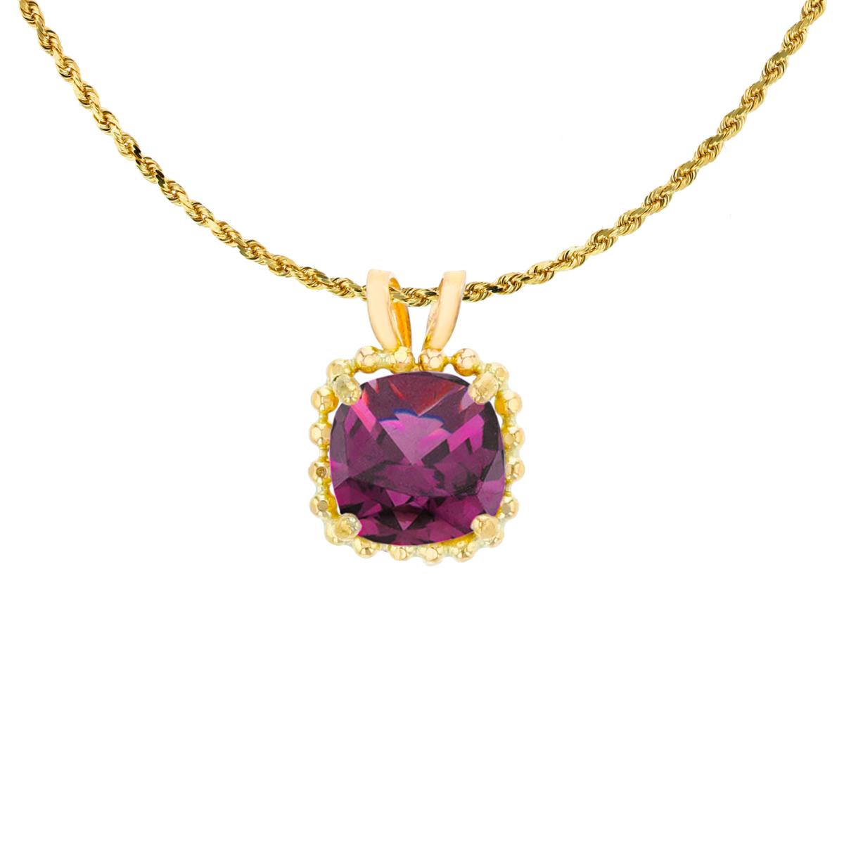 14K Yellow Gold 6mm Cushion Cut Rhodolite Bead Frame Rabbit Ear 18" Rope Chain Necklace