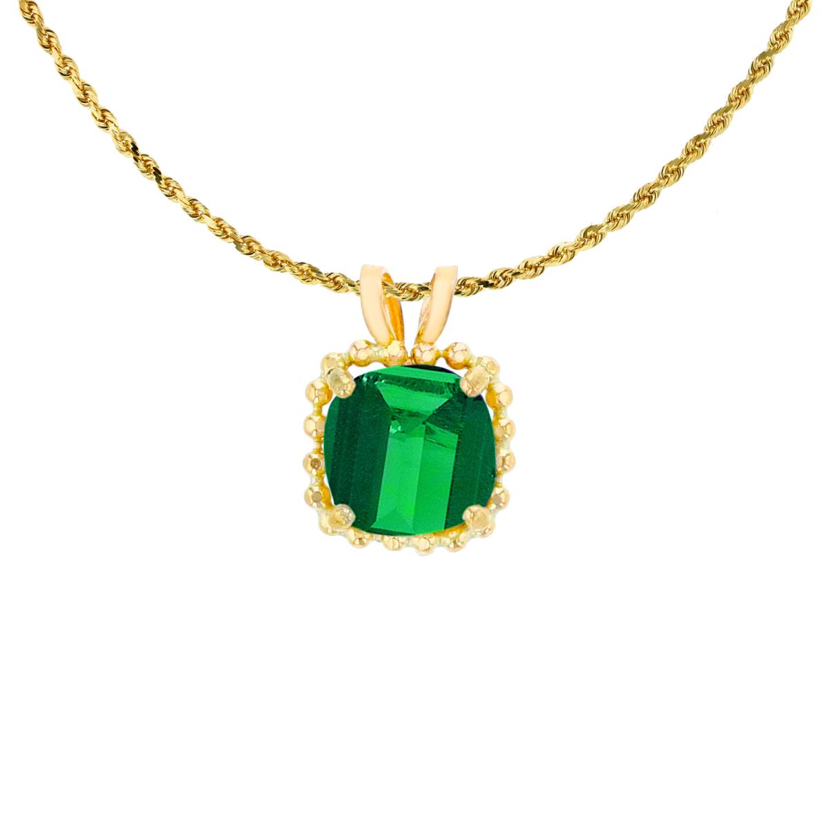 14K Yellow Gold 6mm Cushion Cut Created Emerald Bead Frame Rabbit Ear 18" Rope Chain Necklace