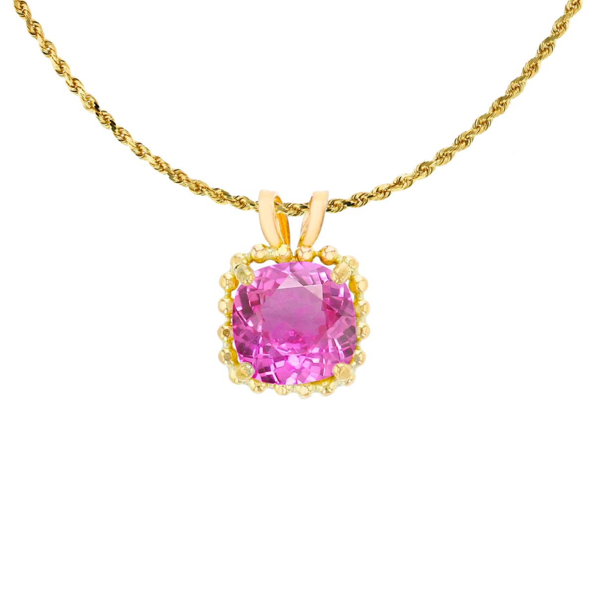 14K Yellow Gold 6mm Cushion Cut Created Pink Sapphire Bead Frame Rabbit Ear 18" Rope Chain Necklace
