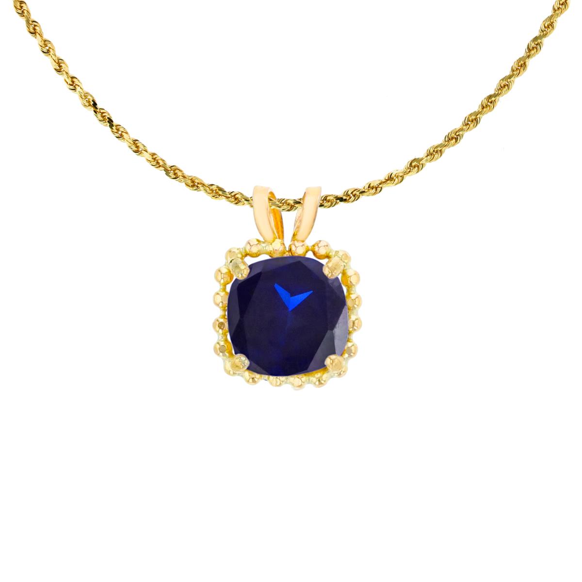 14K Yellow Gold 6mm Cushion Cut Created Blue Sapphire Bead Frame Rabbit Ear 18" Rope Chain Necklace