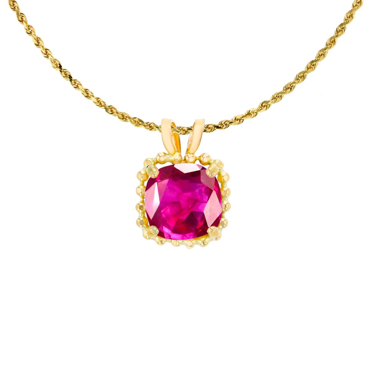 14K Yellow Gold 6mm Cushion Cut Created Ruby Bead Frame Rabbit Ear 18" Rope Chain Necklace