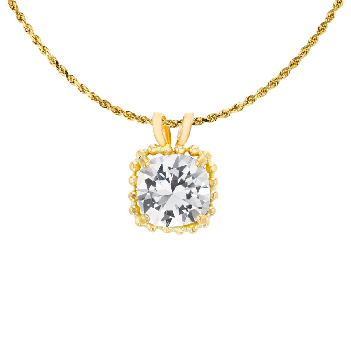 14K Yellow Gold 6mm Cushion Cut Created White Sapphire Bead Frame Rabbit Ear 18" Rope Chain Necklace