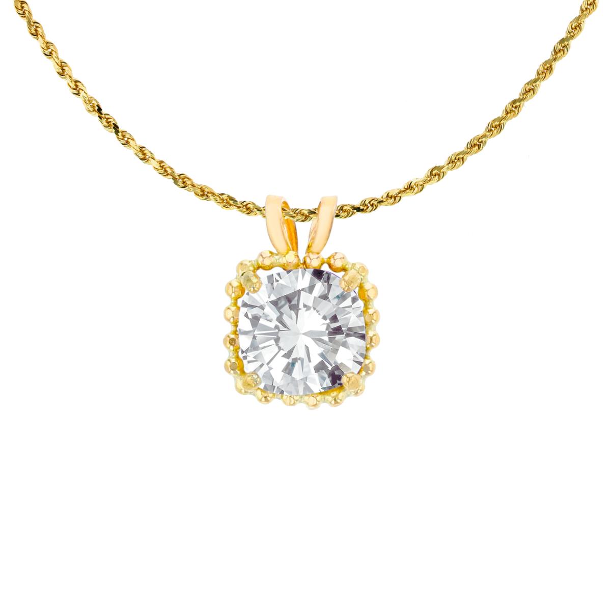 10K Yellow Gold 6mm Cushion Cut White Topaz Bead Frame Rabbit Ear 18" Rope Chain Necklace