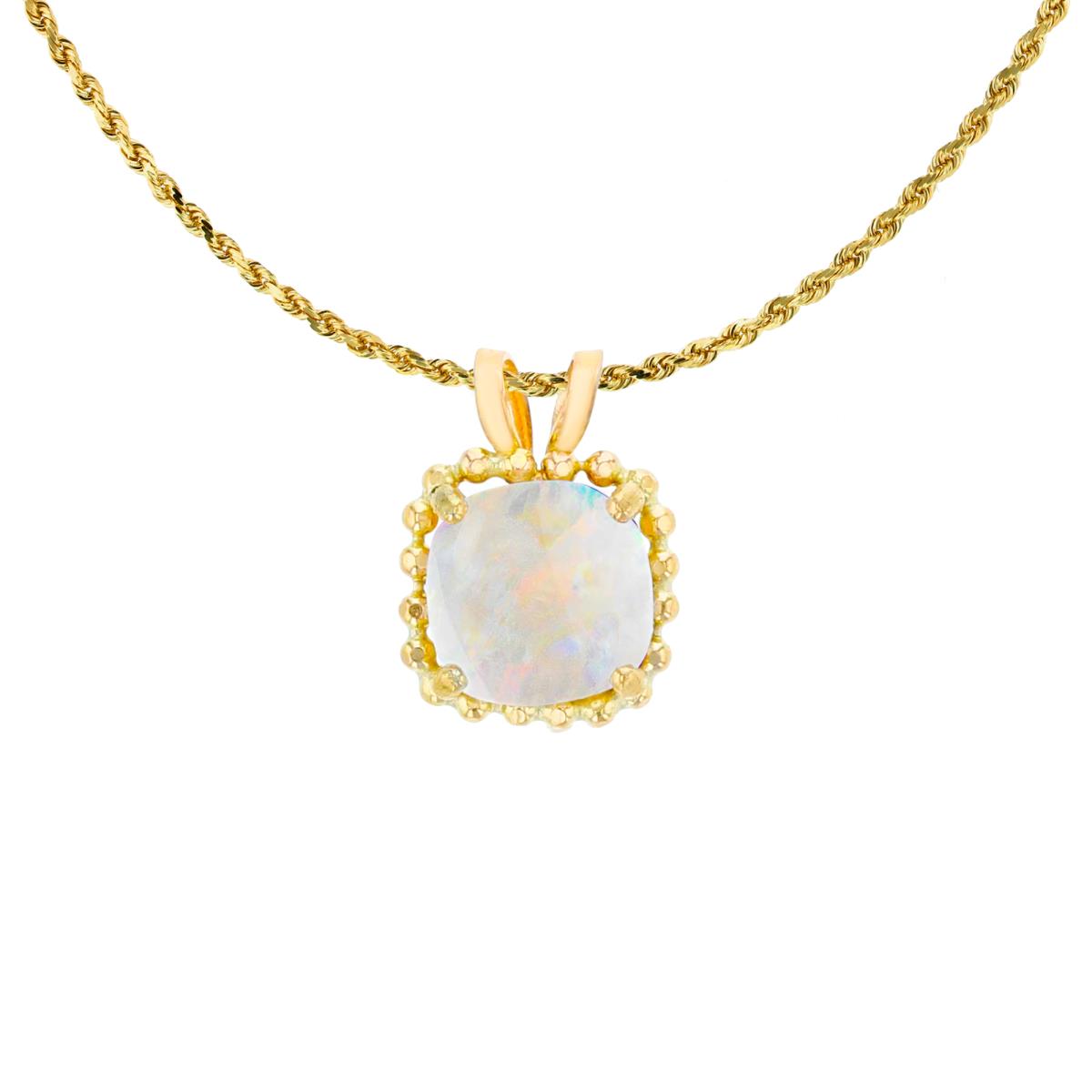 10K Yellow Gold 6mm Cushion Cut Created Opal Bead Frame Rabbit Ear 18" Rope Chain Necklace