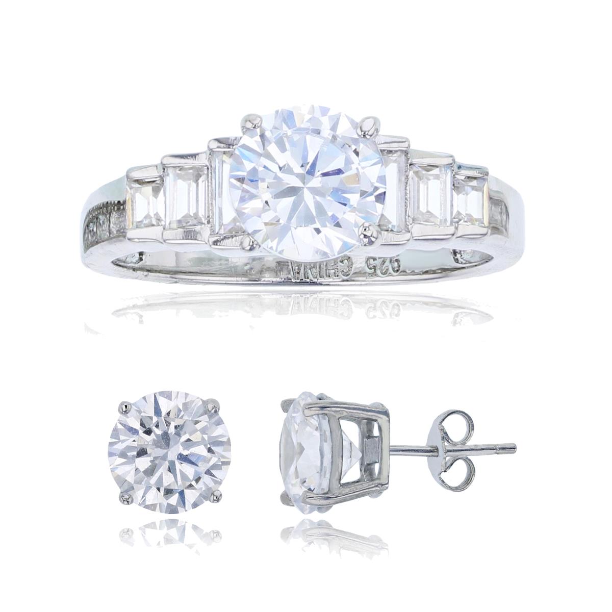 Sterling Silver Rhodium 7mm Rd Cut with Graduated Baguette Eng Ring & 8mm Rd Cut Solitaire Stud Earring Set