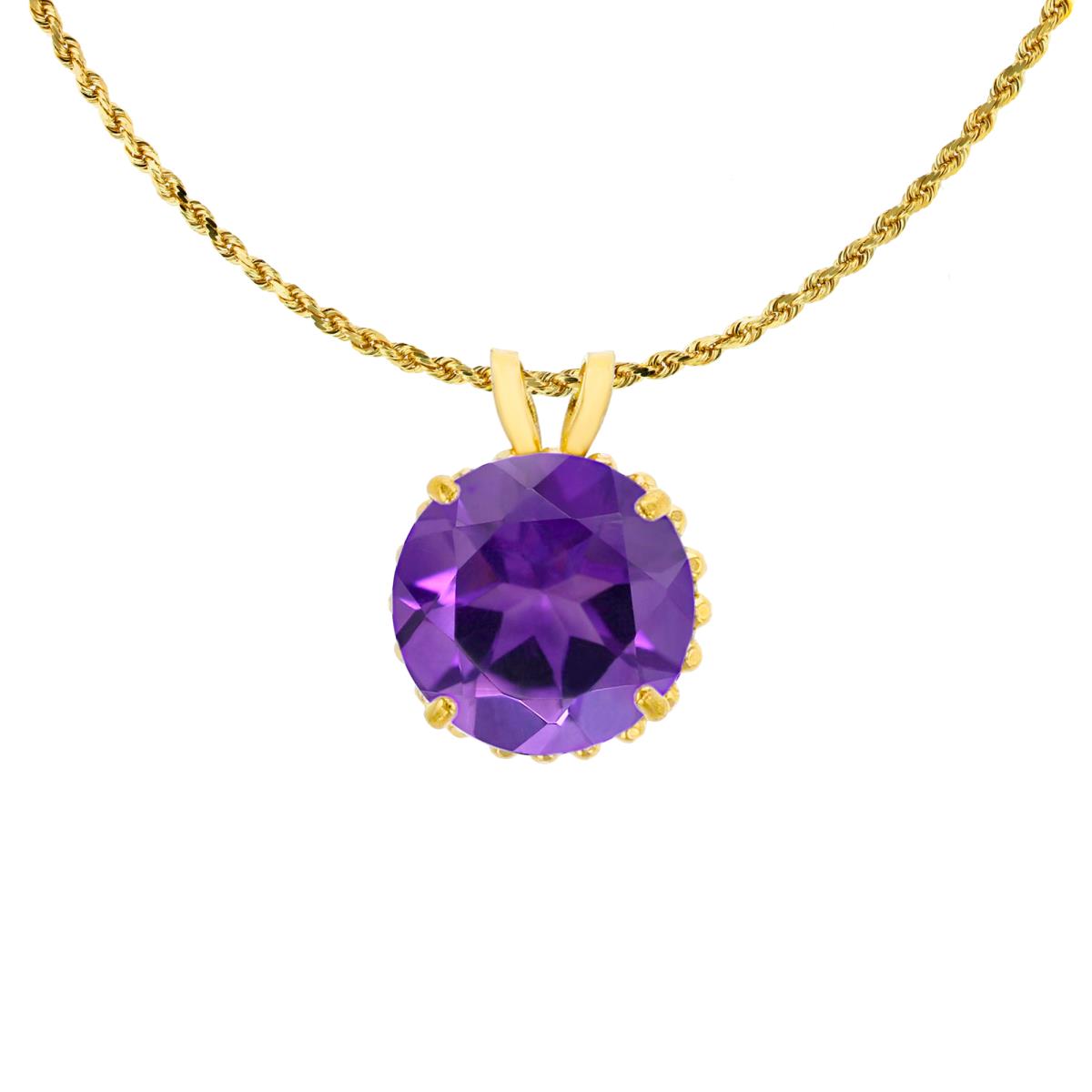 14K Yellow Gold 7mm Rd Cut Amethyst with Bead Frame Rabbit Ear 18" Rope Chain Necklace