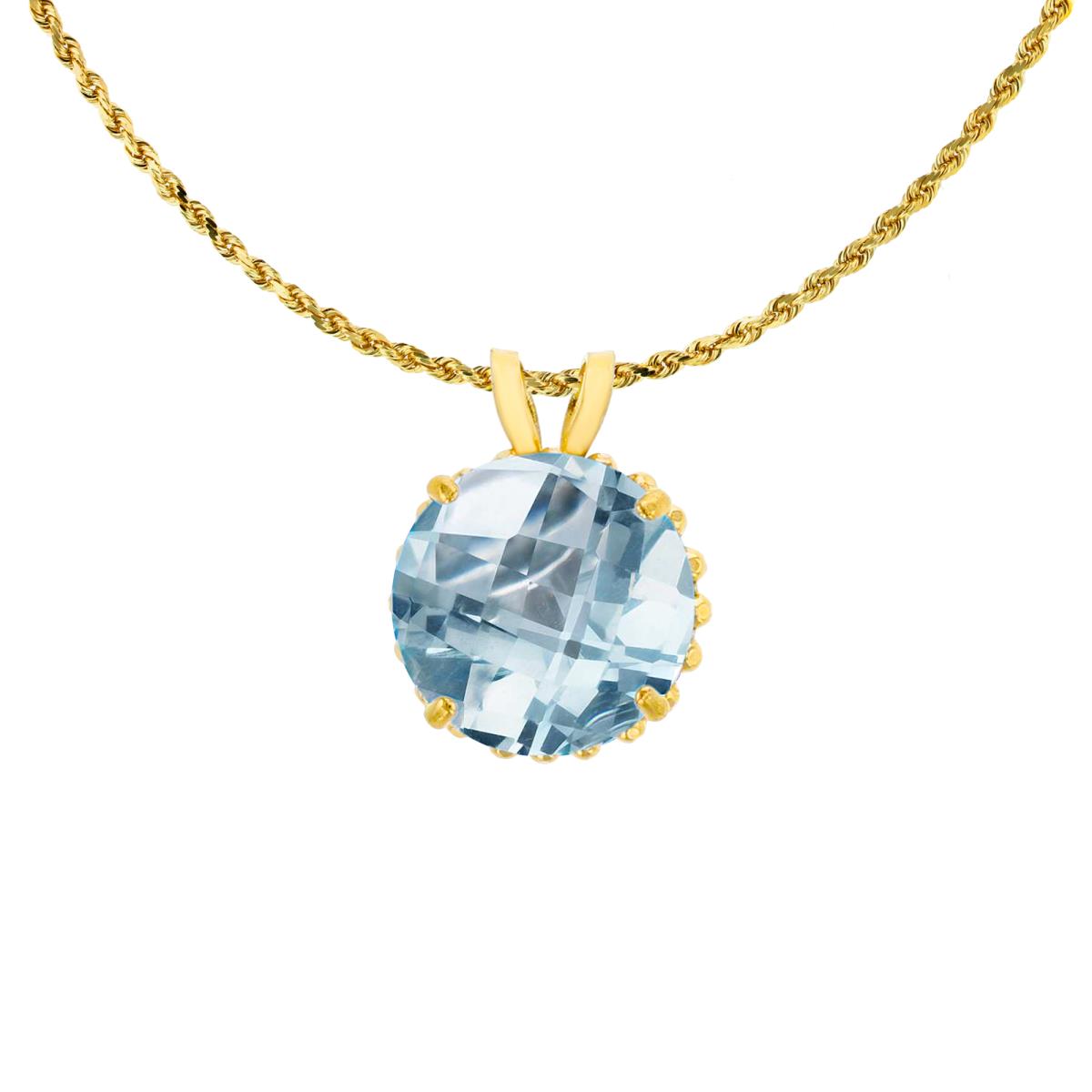 14K Yellow Gold 7mm Rd Cut Aquamarine with Bead Frame Rabbit Ear 18" Rope Chain Necklace