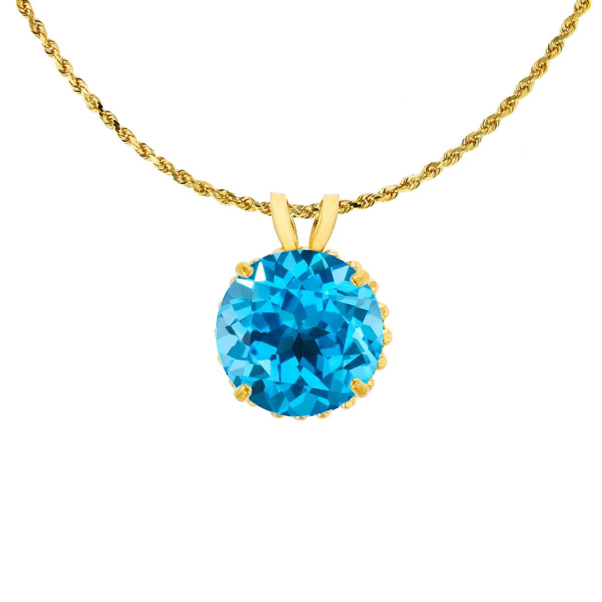 14K Yellow Gold 7mm Rd Cut Swiss Blue Topaz with Bead Frame Rabbit Ear 18" Rope Chain Necklace