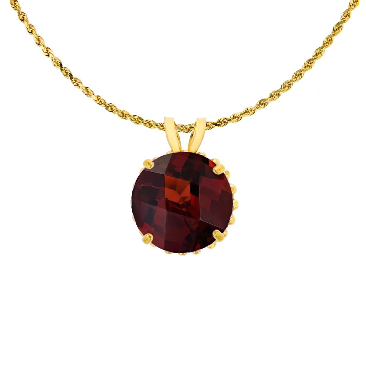 14K Yellow Gold 7mm Rd Cut Garnet with Bead Frame Rabbit Ear 18" Rope Chain Necklace