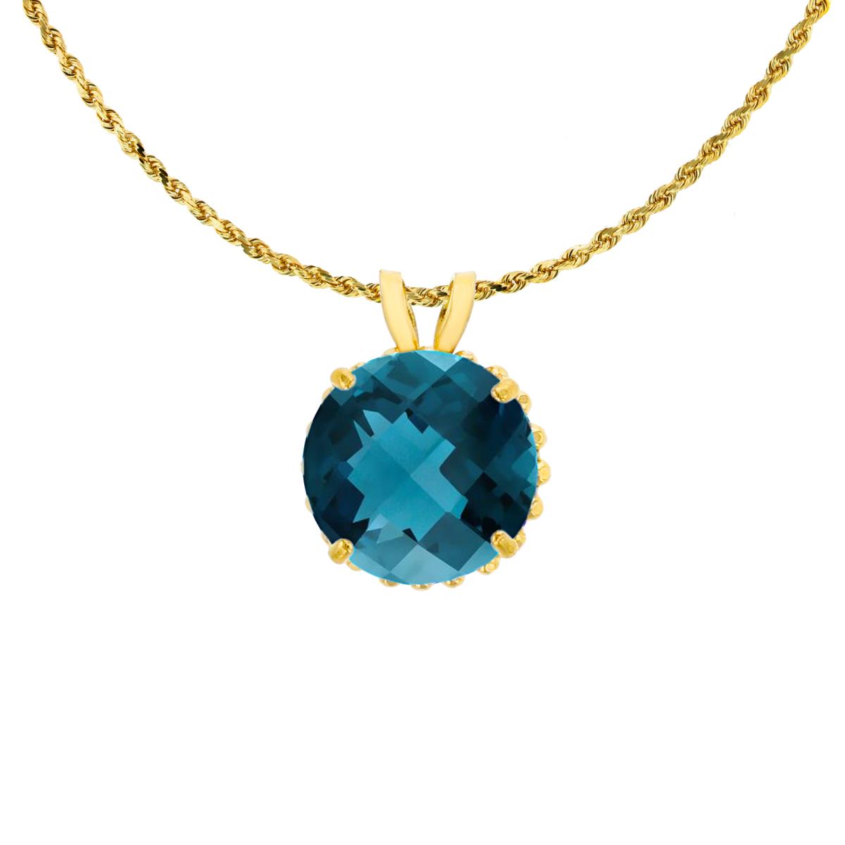 14K Yellow Gold 7mm Rd Cut London Blue Topaz with Bead Frame Rabbit Ear 18" Rope Chain Necklace