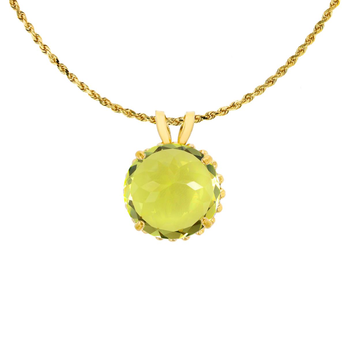 14K Yellow Gold 7mm Rd Cut Lemon Quartz with Bead Frame Rabbit Ear 18" Rope Chain Necklace