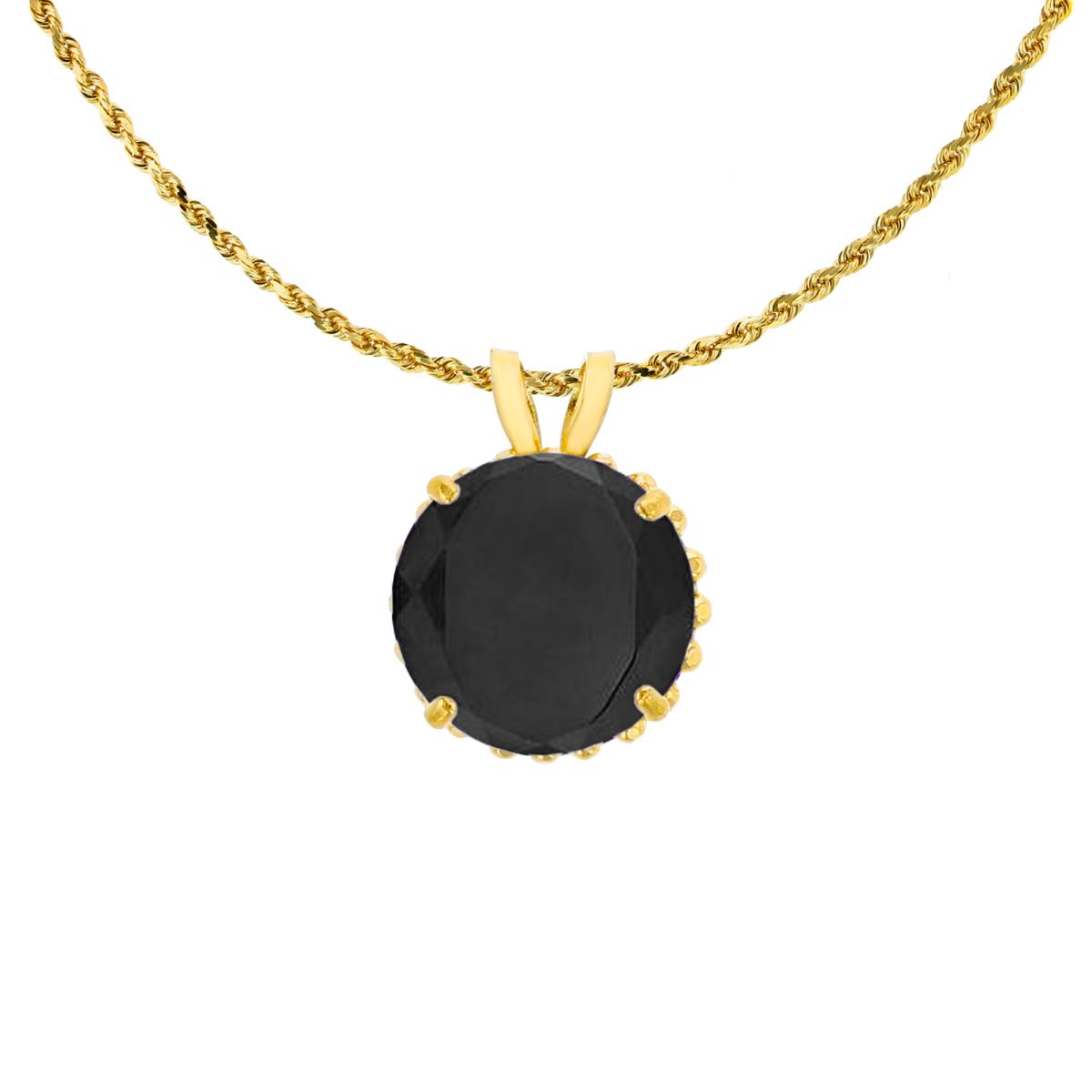 14K Yellow Gold 7mm Rd Cut Onyx with Bead Frame Rabbit Ear 18" Rope Chain Necklace