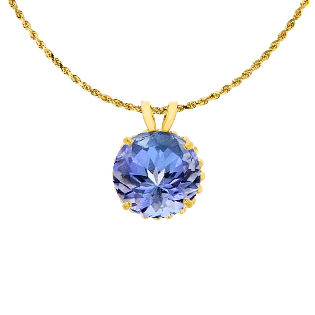 14K Yellow Gold 7mm Rd Cut Tanzanite with Bead Frame Rabbit Ear 18" Rope Chain Necklace
