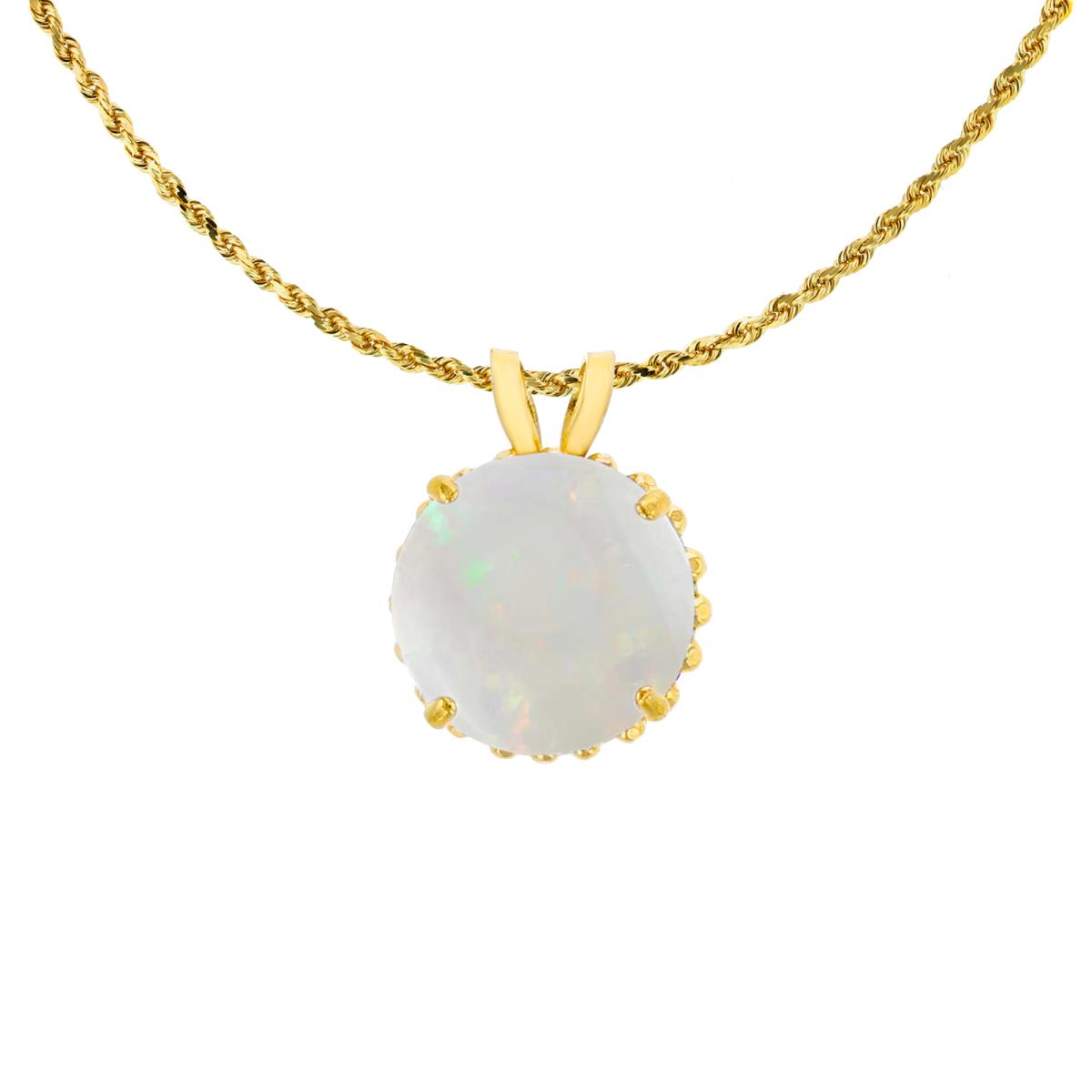 14K Yellow Gold 7mm Rd Cut Opal with Bead Frame Rabbit Ear 18" Rope Chain Necklace