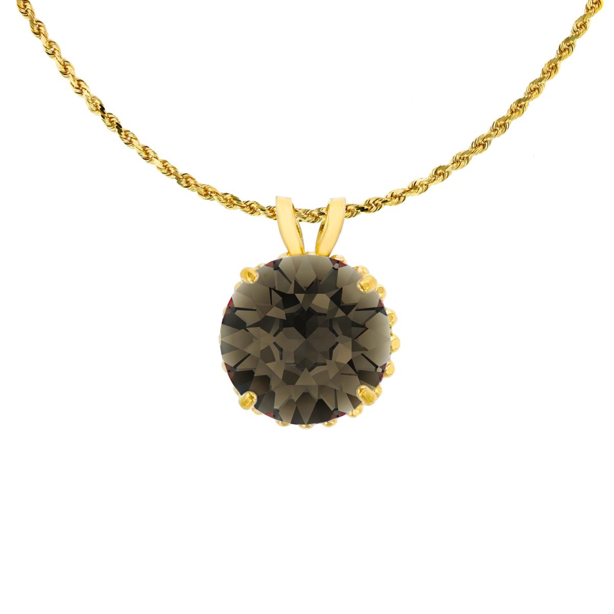 14K Yellow Gold 7mm Rd Cut Smokey Quartz with Bead Frame Rabbit Ear 18" Rope Chain Necklace