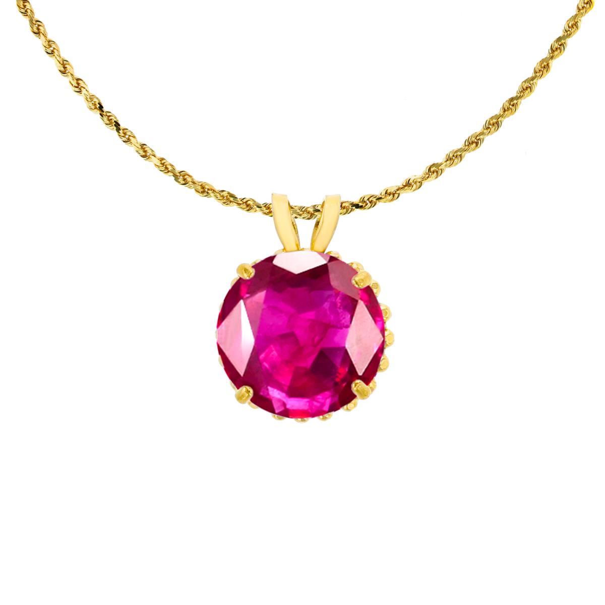 14K Yellow Gold 7mm Rd Cut Created Ruby with Bead Frame Rabbit Ear 18" Rope Chain Necklace