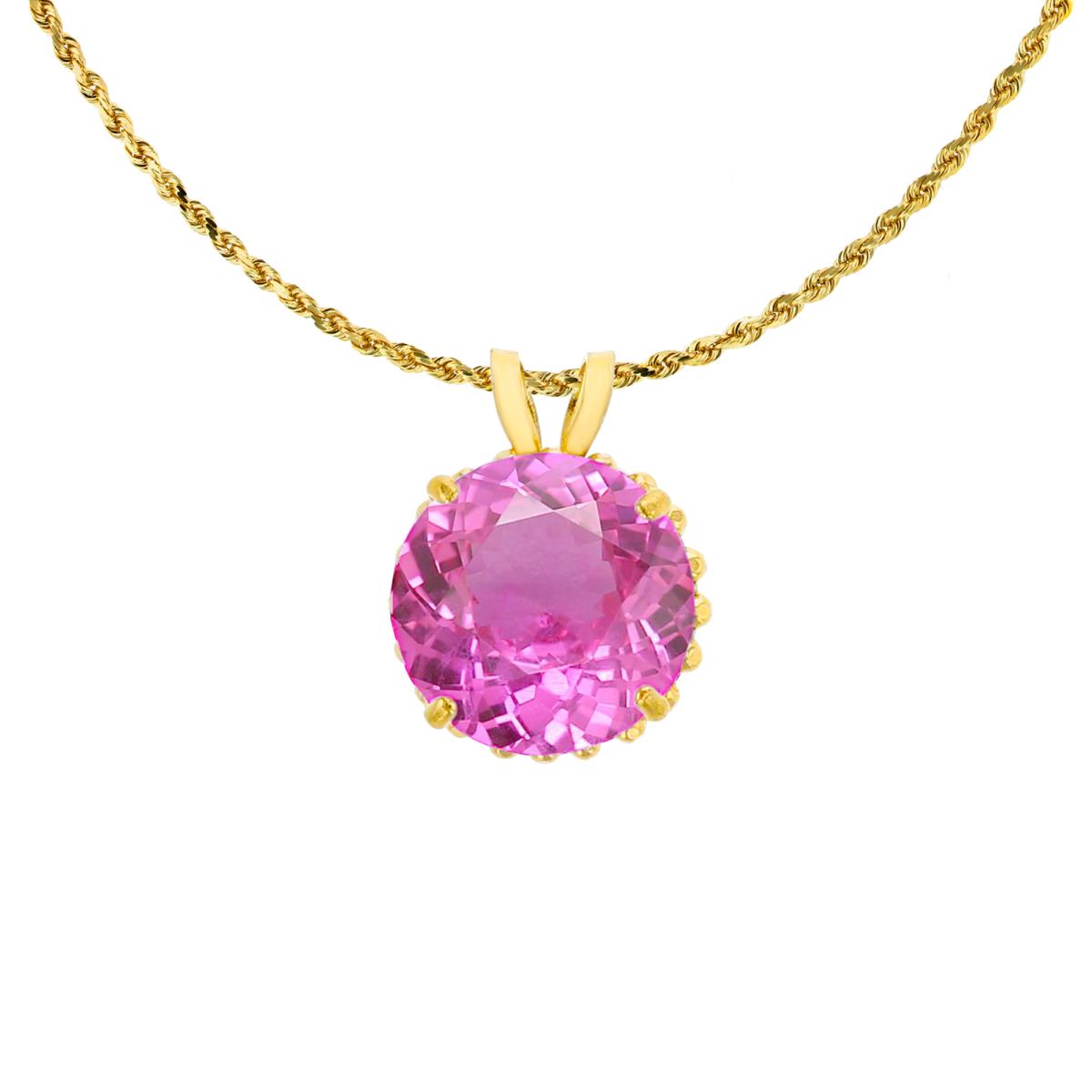 14K Yellow Gold 7mm Rd Cut Created Pink Sapphire with Bead Frame Rabbit Ear 18" Rope Chain Necklace