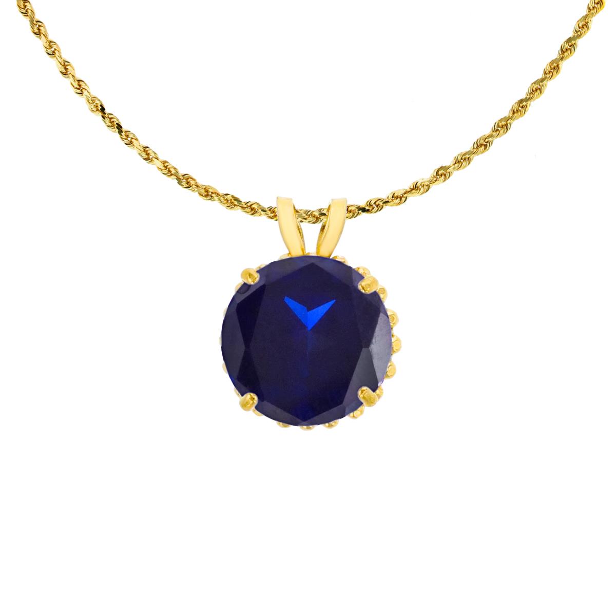 14K Yellow Gold 7mm Rd Cut Created Blue Sapphire with Bead Frame Rabbit Ear 18" Rope Chain Necklace