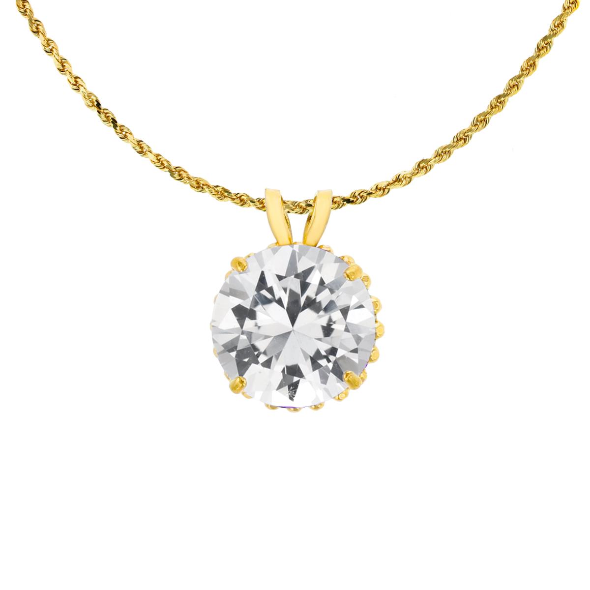 14K Yellow Gold 7mm Rd Cut Created White Sapphire with Bead Frame Rabbit Ear 18" Rope Chain Necklace
