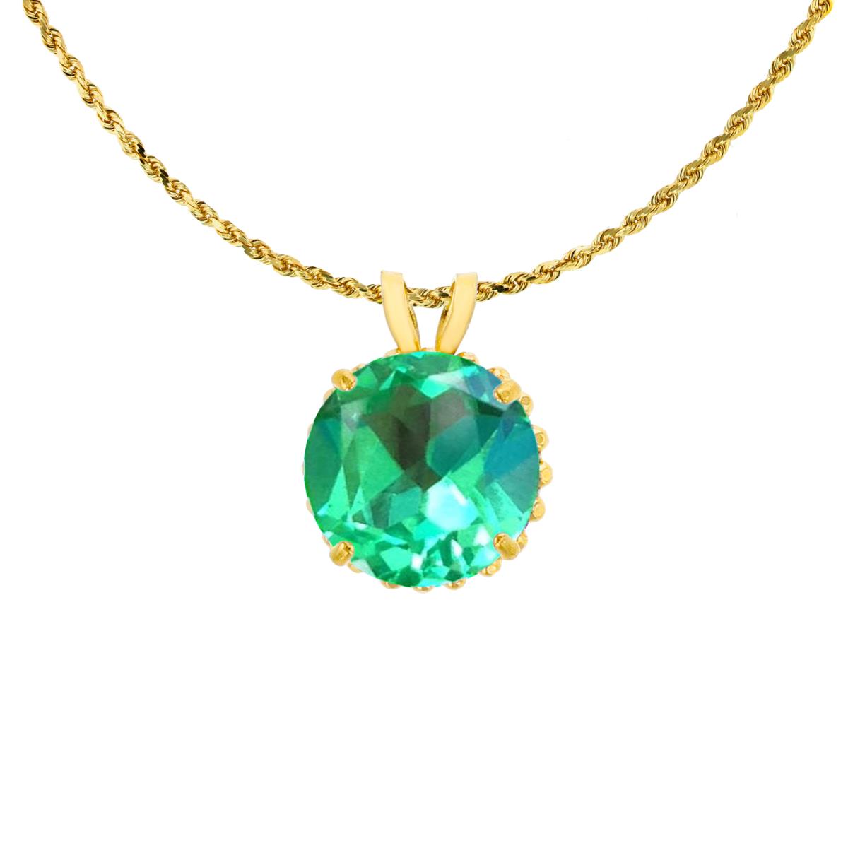 14K Yellow Gold 7mm Rd Cut Created Green Sapphire with Bead Frame Rabbit Ear 18" Rope Chain Necklace