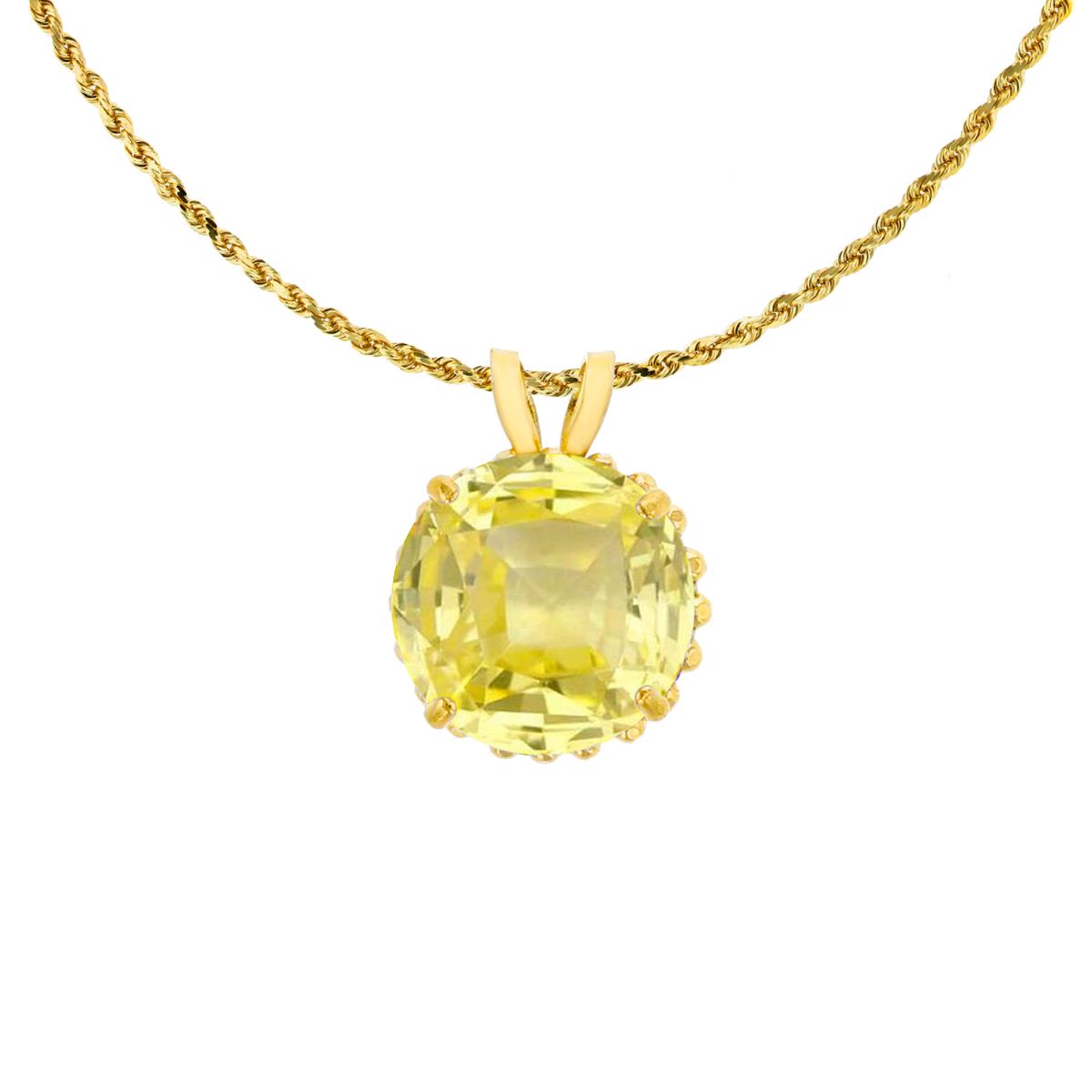 14K Yellow Gold 7mm Rd Cut Created Yellow Sapphire with Bead Frame Rabbit Ear 18" Rope Chain Necklace