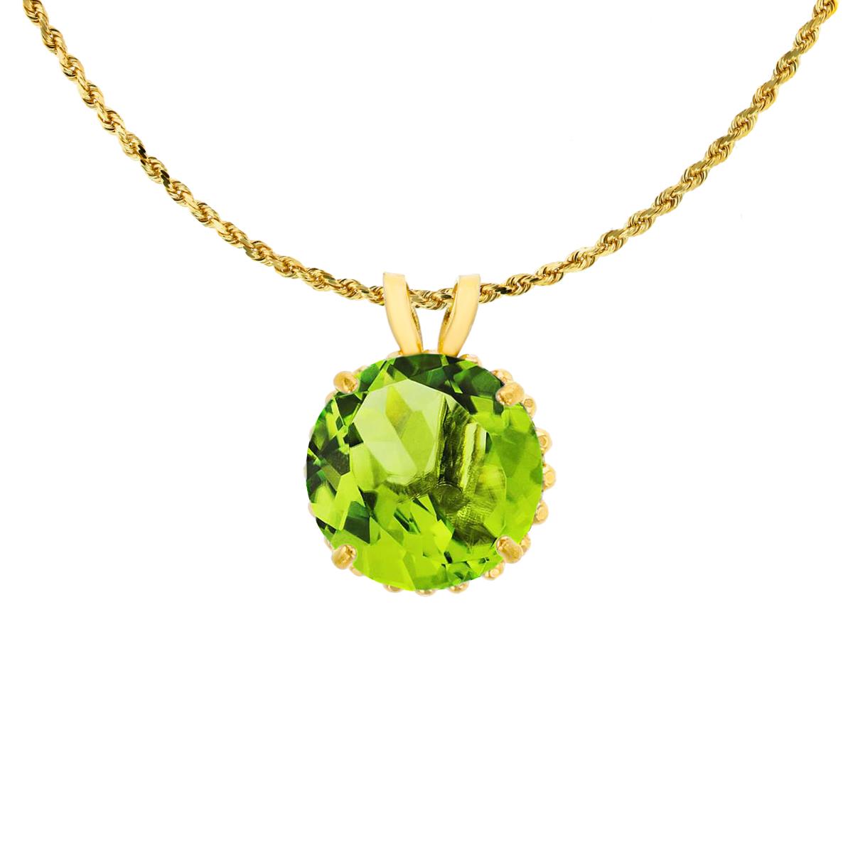 10K Yellow Gold 7mm Rd Cut Peridot with Bead Frame Rabbit Ear 18" Rope Chain Necklace