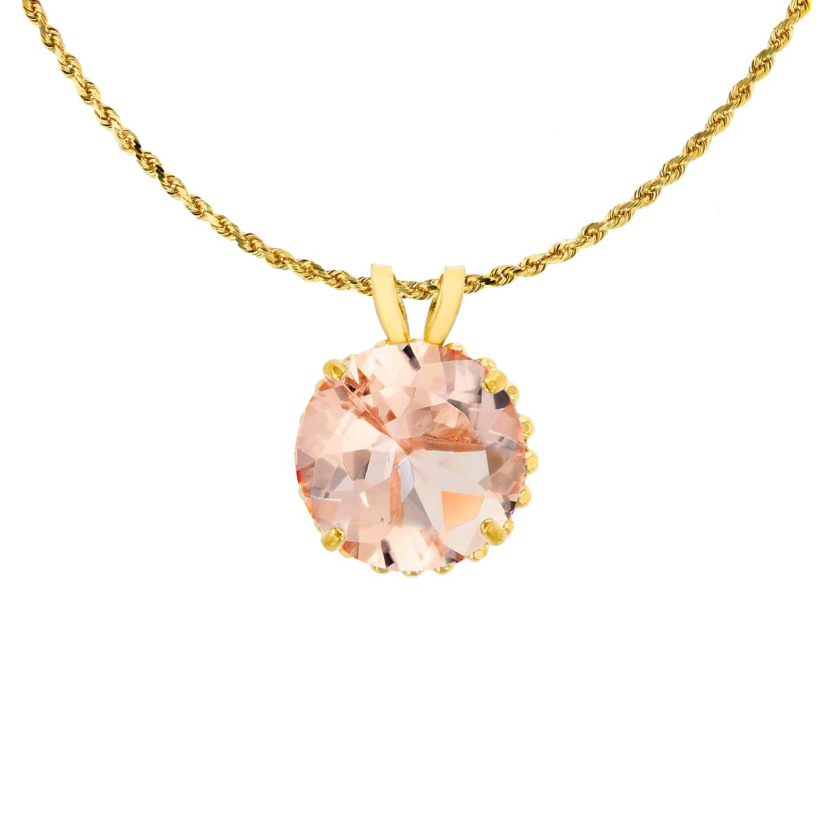 10K Yellow Gold 7mm Rd Cut Morganite with Bead Frame Rabbit Ear 18" Rope Chain Necklace