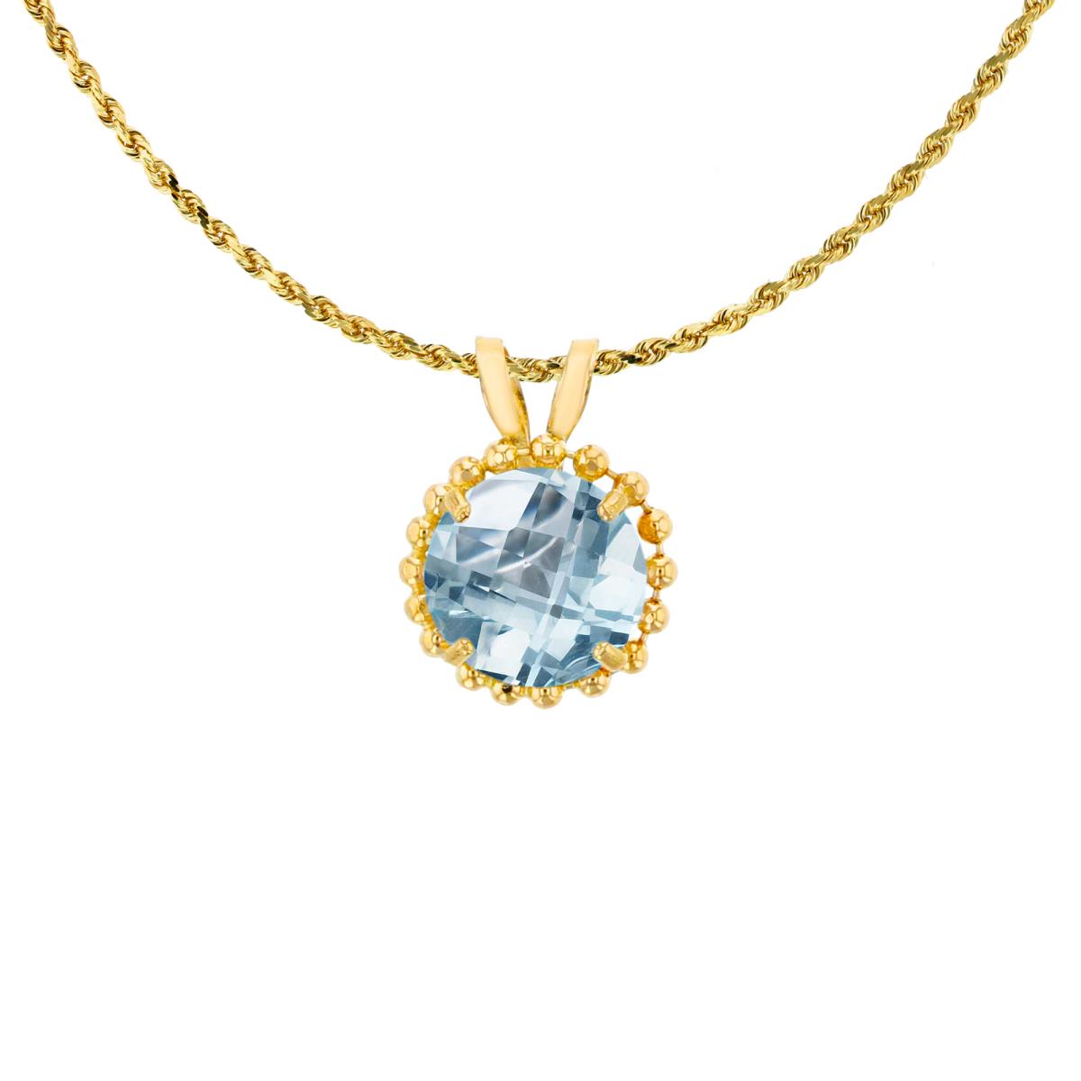 14K Yellow Gold 6mm Rd Cut Aquamarine with Bead Frame Rabbit Ear 18" Necklace