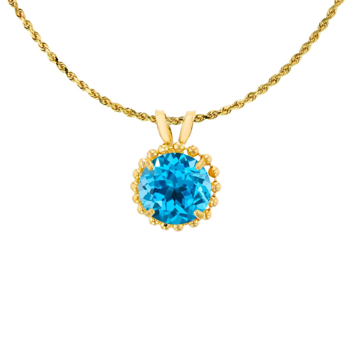 14K Yellow Gold 6mm Rd Cut Swiss Blue Topaz with Bead Frame Rabbit Ear 18" Necklace