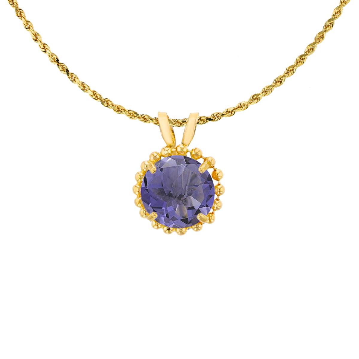 14K Yellow Gold 6mm Rd Cut Iolite with Bead Frame Rabbit Ear 18" Necklace