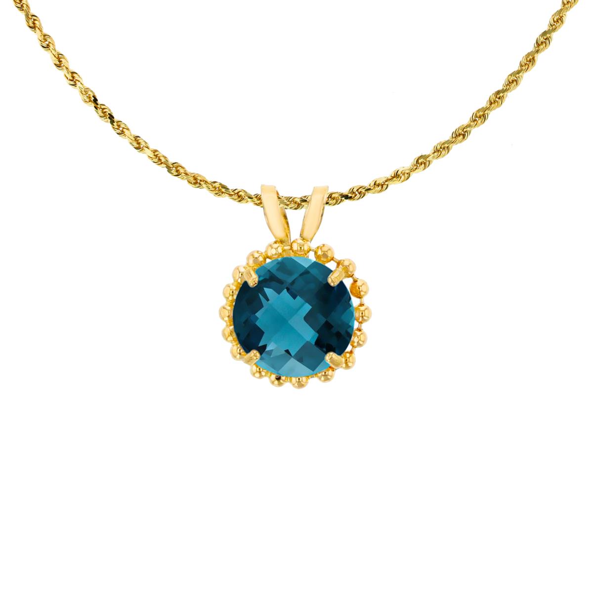 14K Yellow Gold 6mm Rd Cut London Blue Topaz with Bead Frame Rabbit Ear 18" Necklace