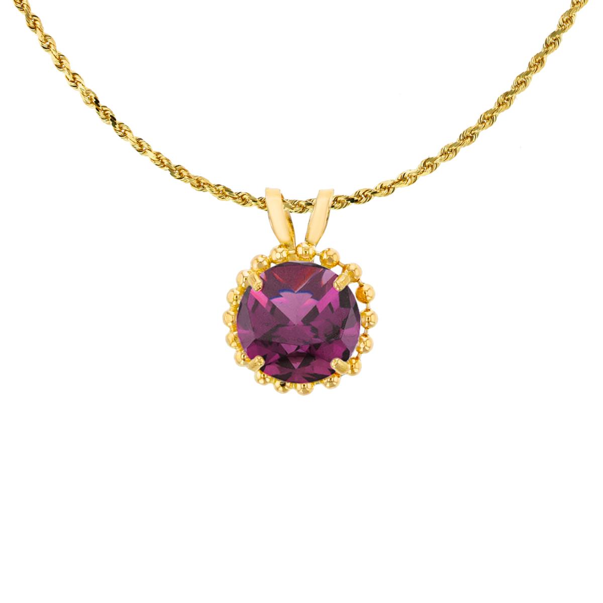 14K Yellow Gold 6mm Rd Cut Rhodolite with Bead Frame Rabbit Ear 18" Necklace
