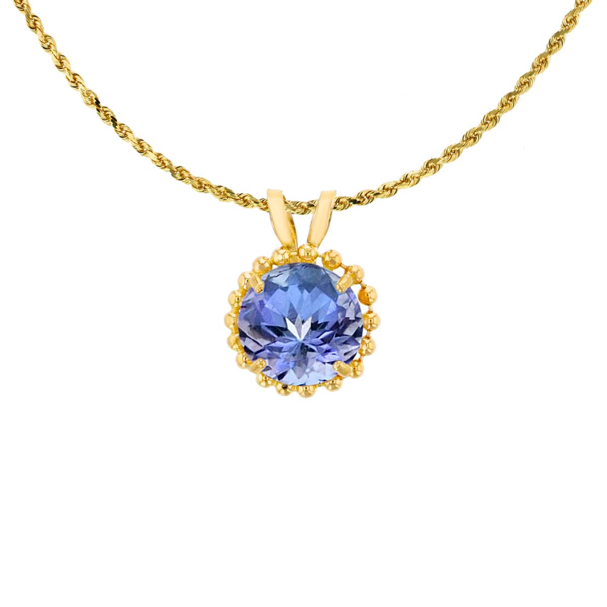 14K Yellow Gold 6mm Rd Cut Tanzanite with Bead Frame Rabbit Ear 18" Necklace