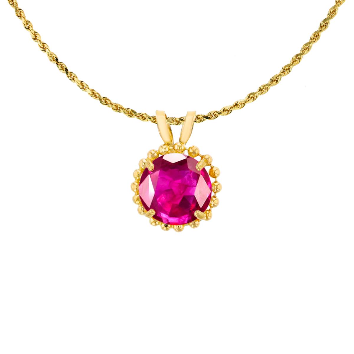 14K Yellow Gold 6mm Rd Cut Glass Filled Ruby with Bead Frame Rabbit Ear 18" Necklace