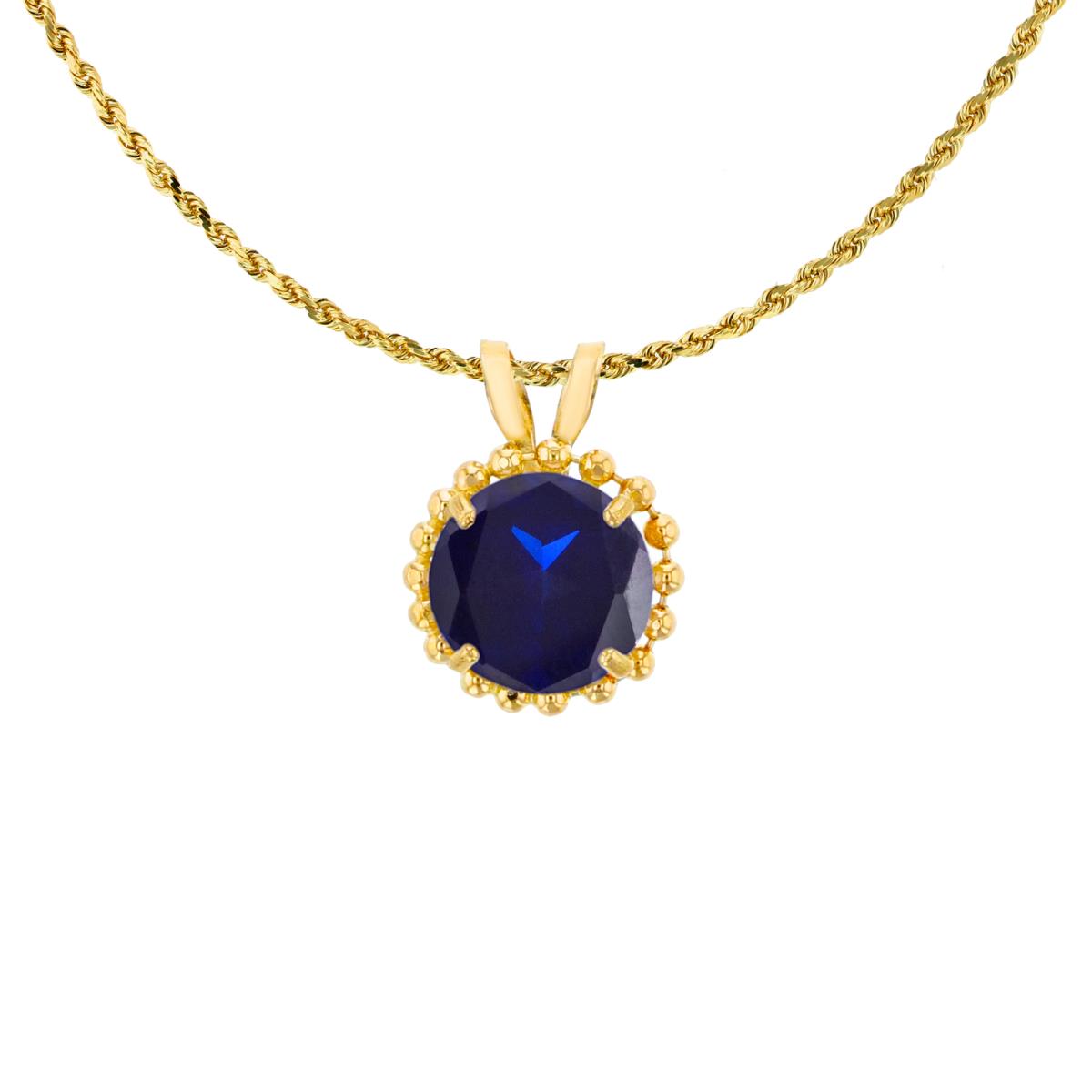 14K Yellow Gold 6mm Rd Cut Created Blue Sapphire with Bead Frame Rabbit Ear 18" Necklace