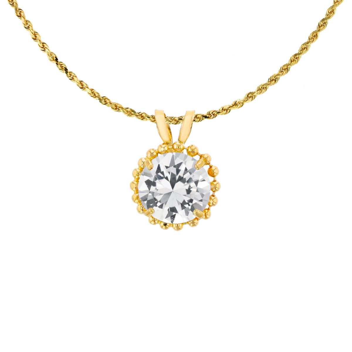 14K Yellow Gold 6mm Rd Cut Created White Sapphire with Bead Frame Rabbit Ear 18" Necklace