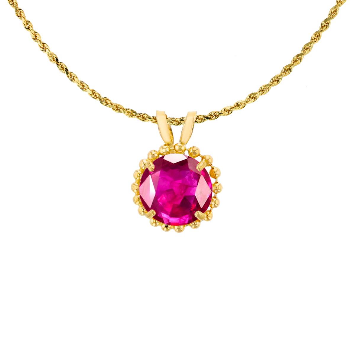 14K Yellow Gold 6mm Rd Cut Created Ruby with Bead Frame Rabbit Ear 18" Necklace