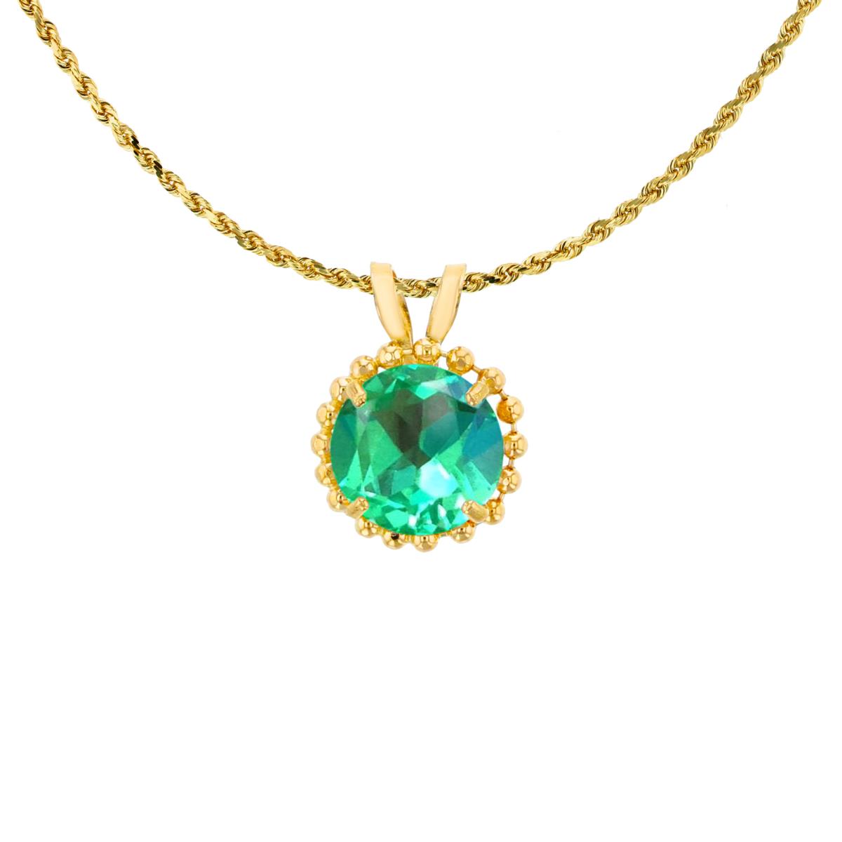 14K Yellow Gold 6mm Rd Cut Created Green Sapphire with Bead Frame Rabbit Ear 18" Necklace