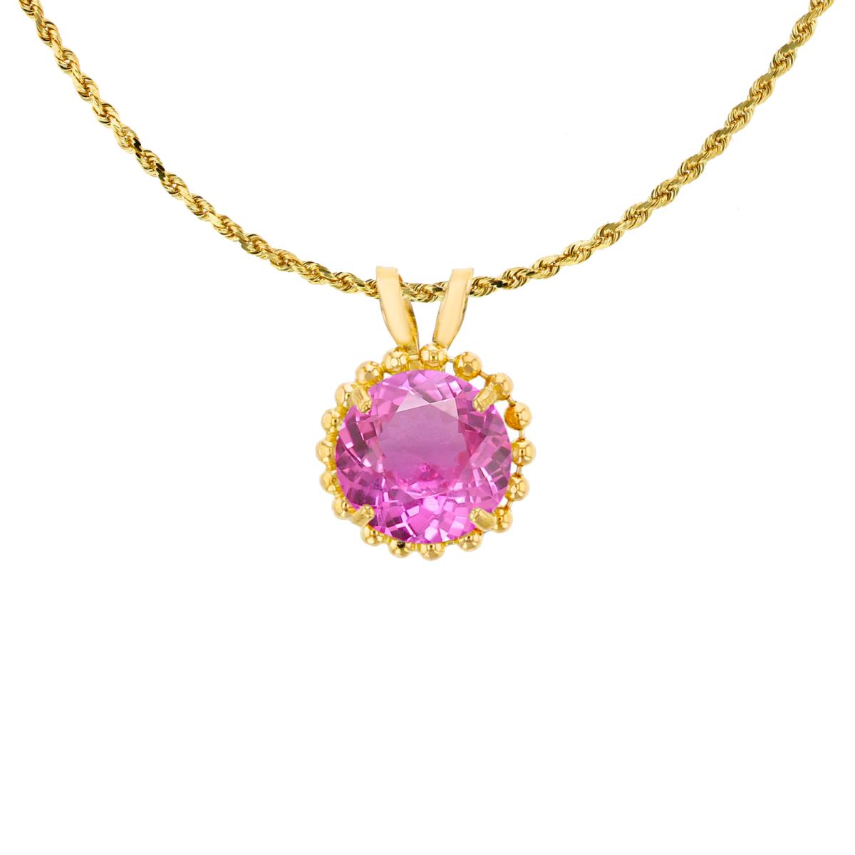 14K Yellow Gold 6mm Rd Cut Created Pink Sapphire with Bead Frame Rabbit Ear 18" Necklace