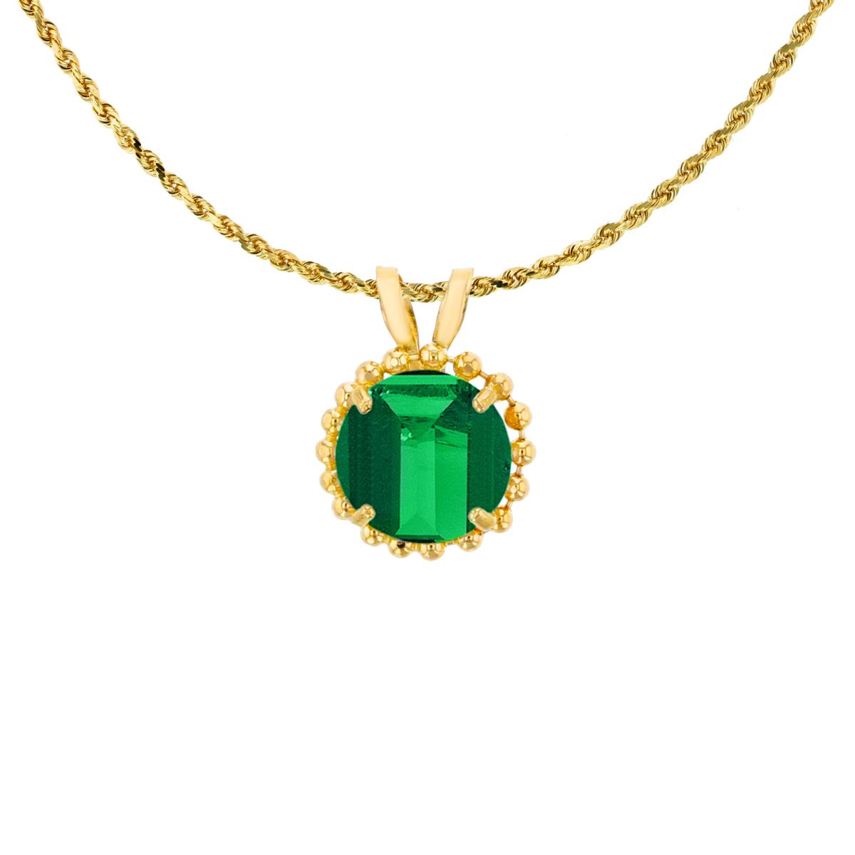 10K Yellow Gold 6mm Rd Cut Created Emerald with Bead Frame Rabbit Ear 18" Necklace