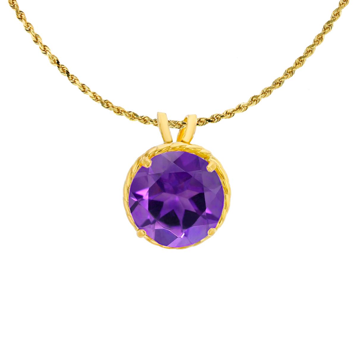 14K Yellow Gold 7mm Rd Cut Amethyst Rope Frame Rabbit Ear 18" Rope Chain Necklace